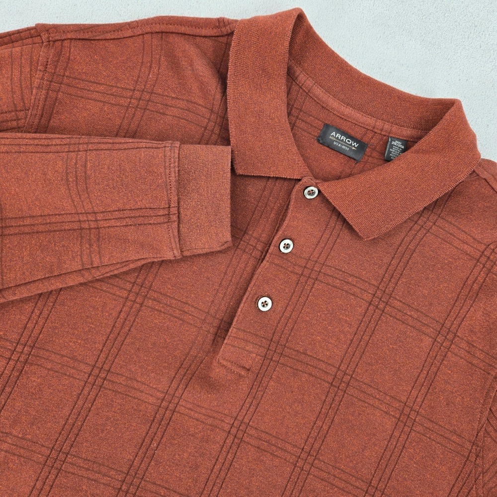 Arrow Mens 2XLT Long Sleeve Polo Shirt Rust Orange Grid Textured Classic Tall